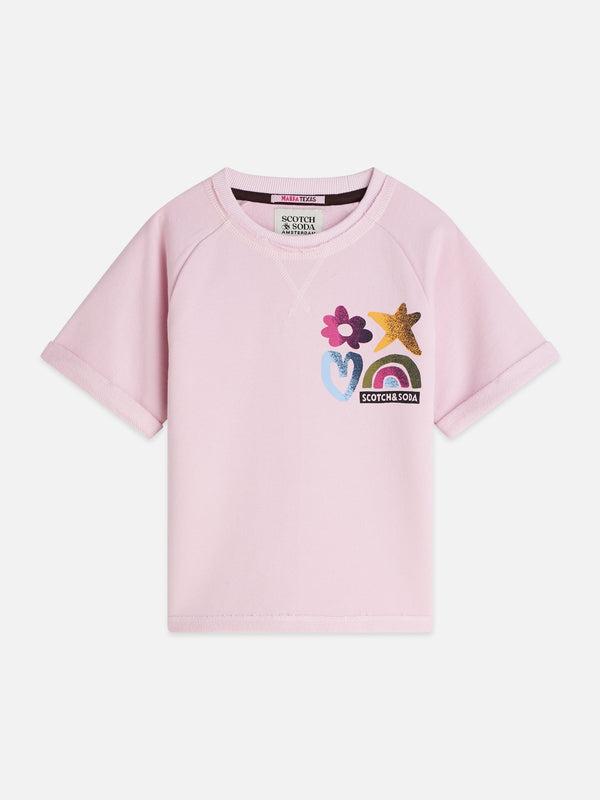Meisjes FRONT AND BACK ARTWORK SHORTSLEEVE SWEATSHIRT van Scotch & Soda in de kleur LILAC SNOW in maat 176.