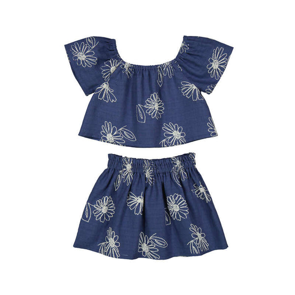 Meisjes Linen skirt set (loose shirt + skirt) van Mayoral in de kleur Porcelain in maat 128.