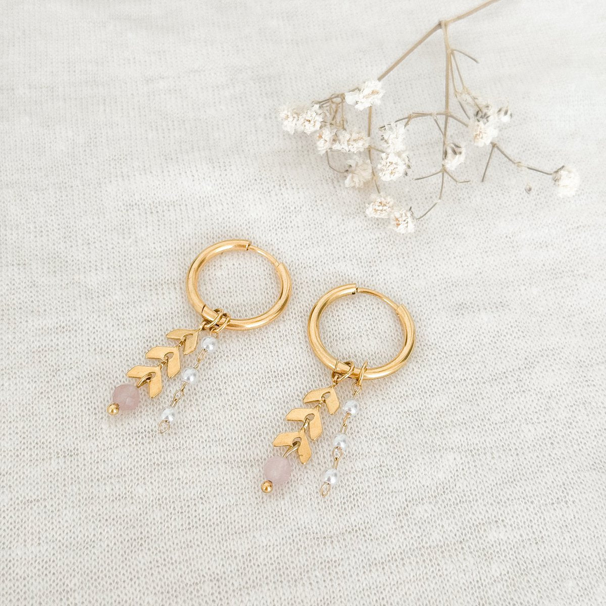 Visgraat, Jade & Pareltjes Oorringen - Goud