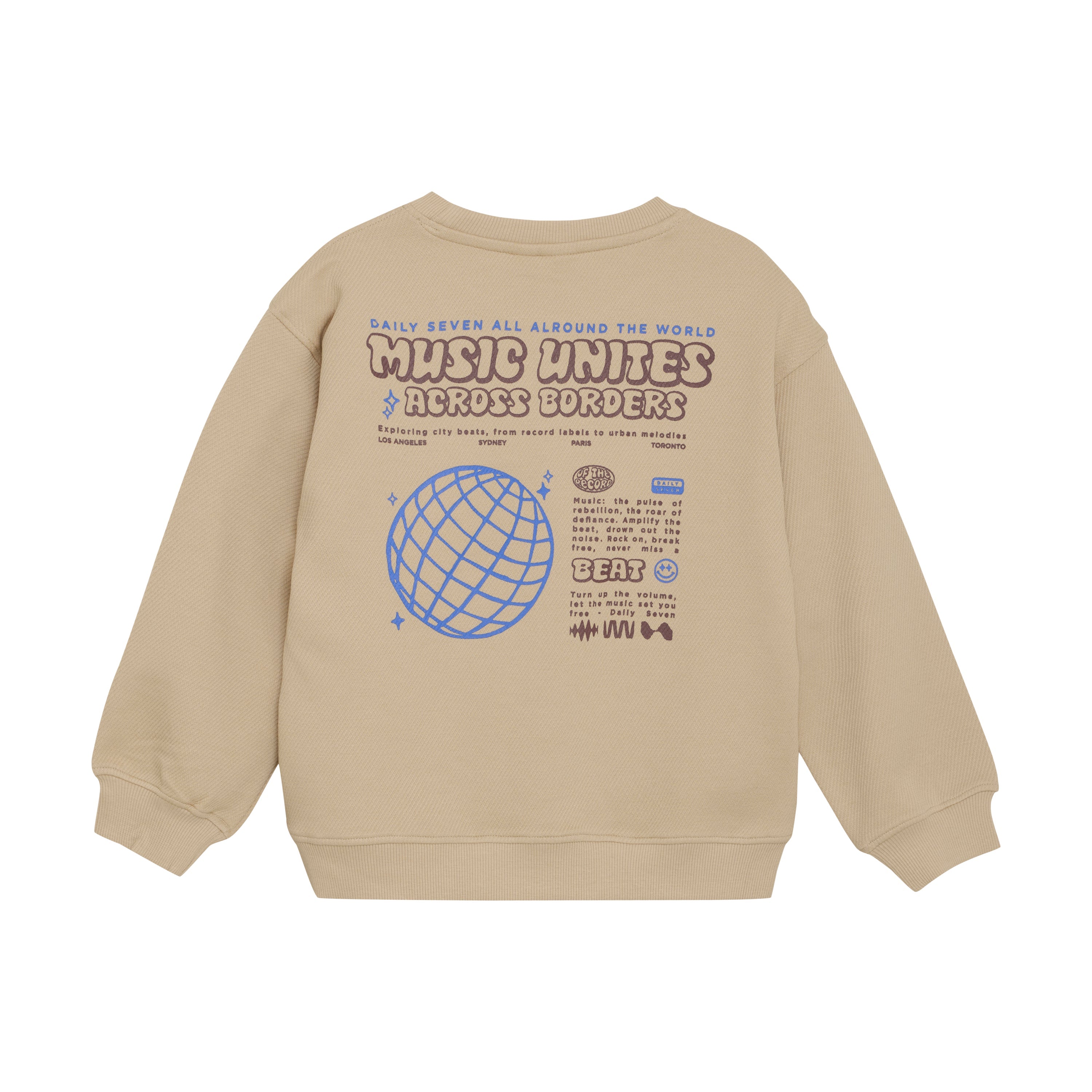 Jongens Oversized Sweater Music van Daily7 in de kleur Latte Sand in maat 128.