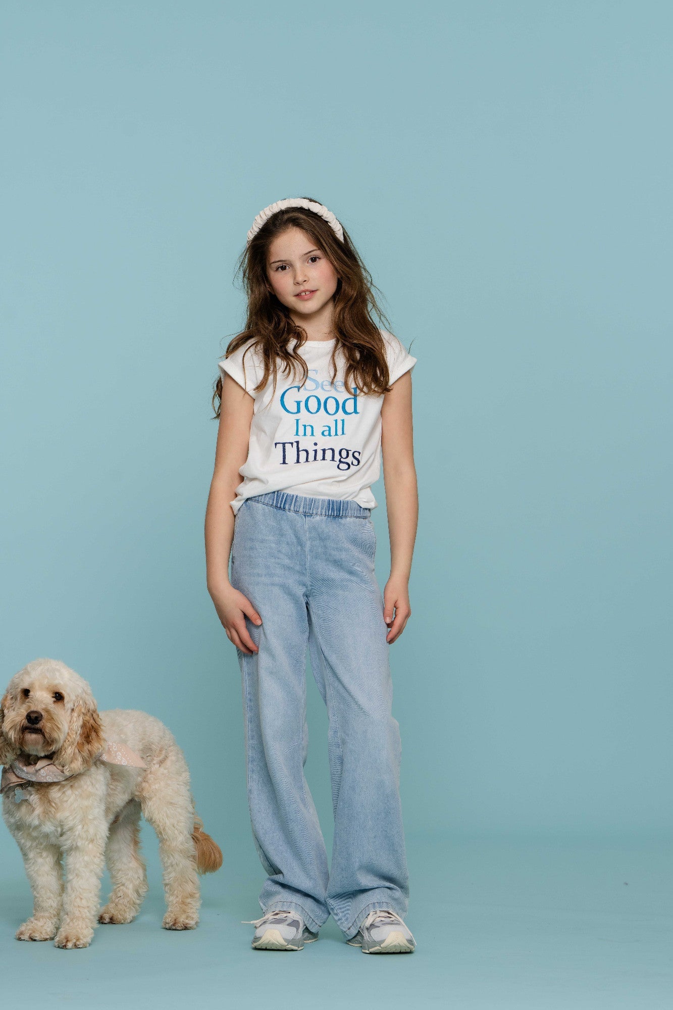 Meisjes T-shirt see good in all things van Geisha in de kleur Off-White / Blue in maat 176.