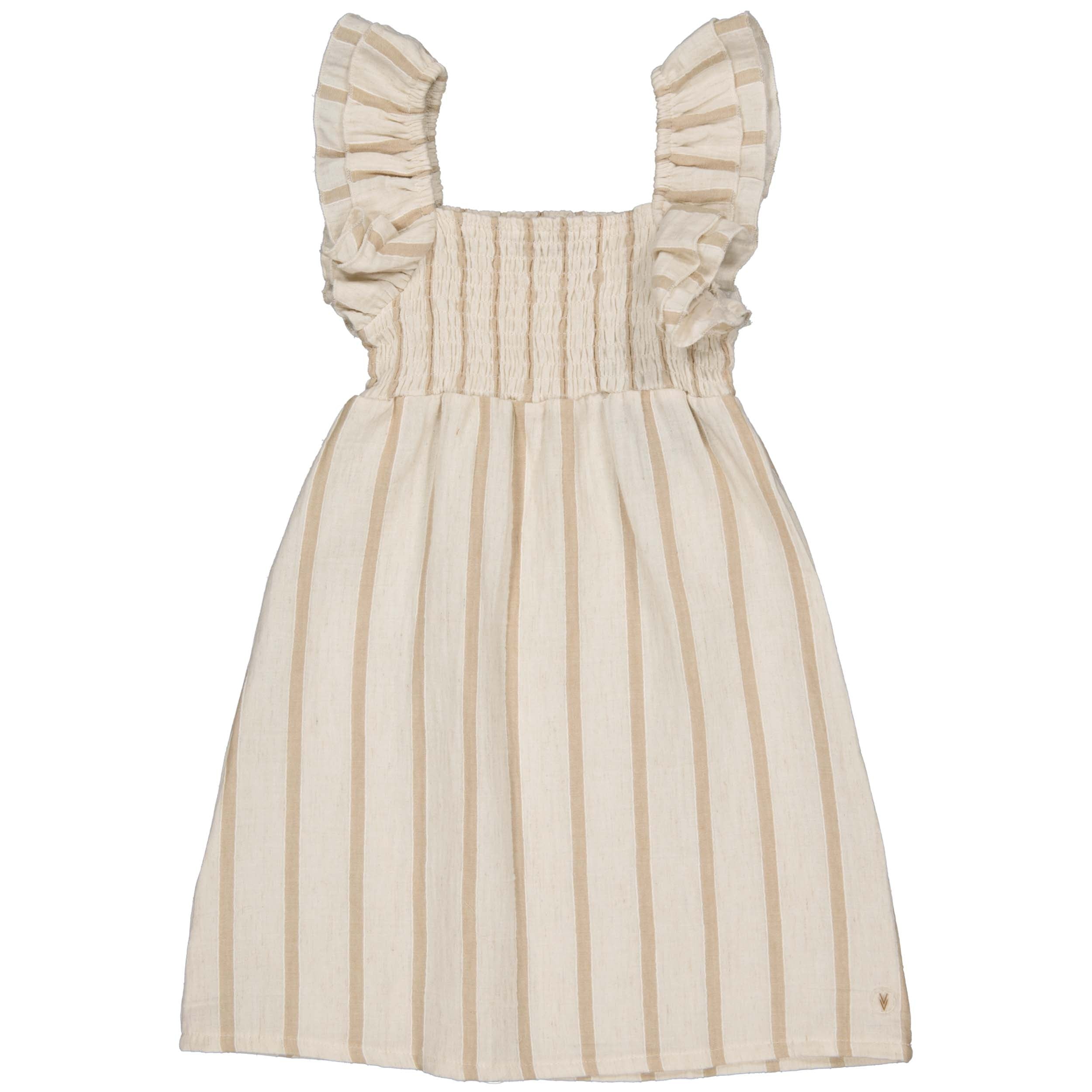 Meisjes DRESS SAMMY van Little Levv in de kleur AOP Taupe Stripe in maat 128.