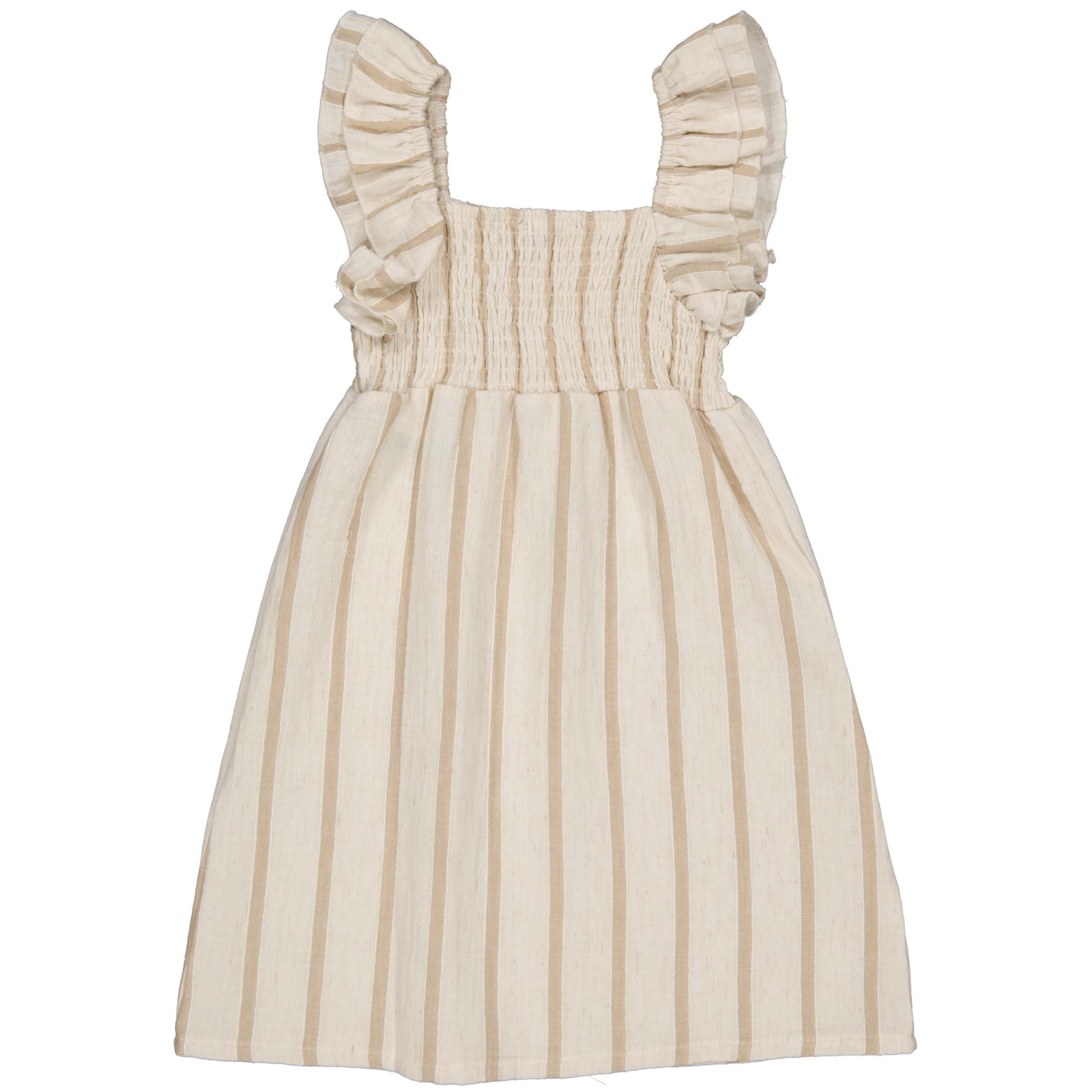Meisjes DRESS SAMMY van Little Levv in de kleur AOP Taupe Stripe in maat 128.