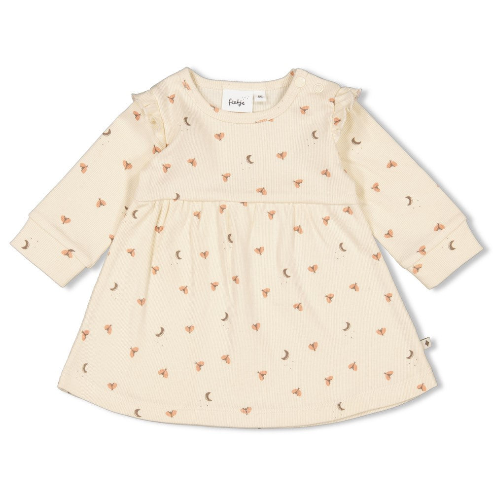 Meisjes Jurk ruches rib AOP - Dancing In The Moonlight van Feetje in de kleur Off White in maat 86.