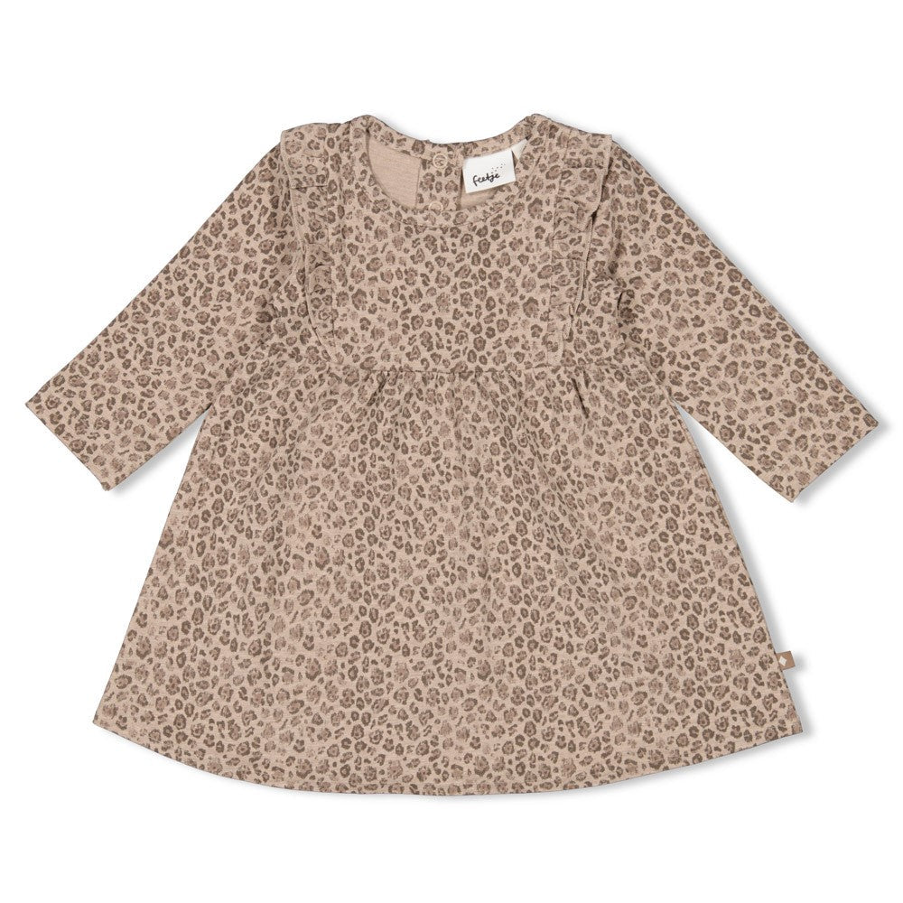 Meisjes Jurk AOP - Better Together van Feetje in de kleur Bruin in maat 86.