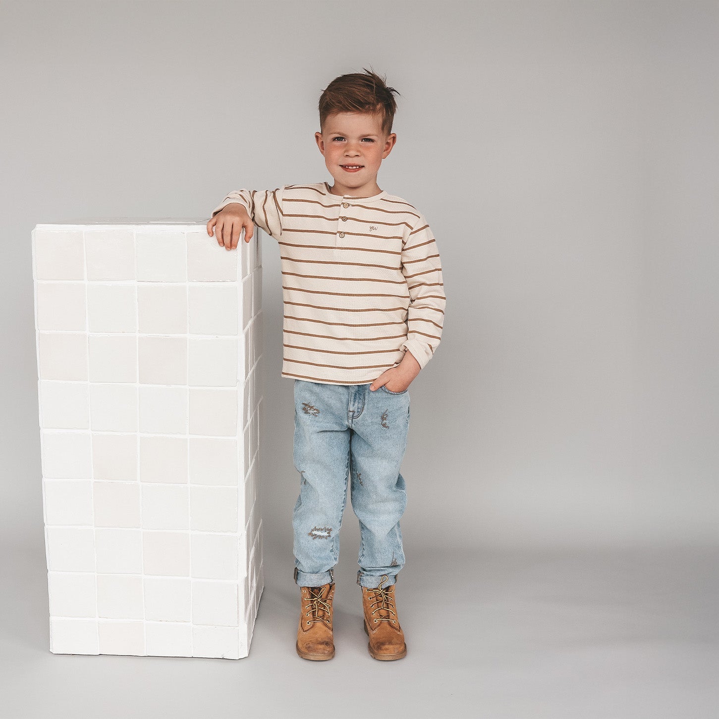 Jongens Stripe Terry | Relaxed Granddad Longsleeve van Your Wishes in de kleur Multicolor in maat 128.