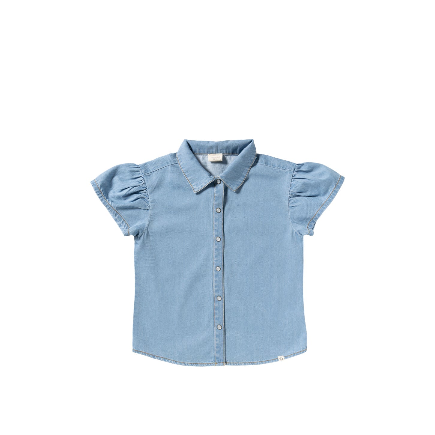 Meisjes Cotton Denim | Ruffle Blouse van Your Wishes in de kleur Faint Blue in maat 128.