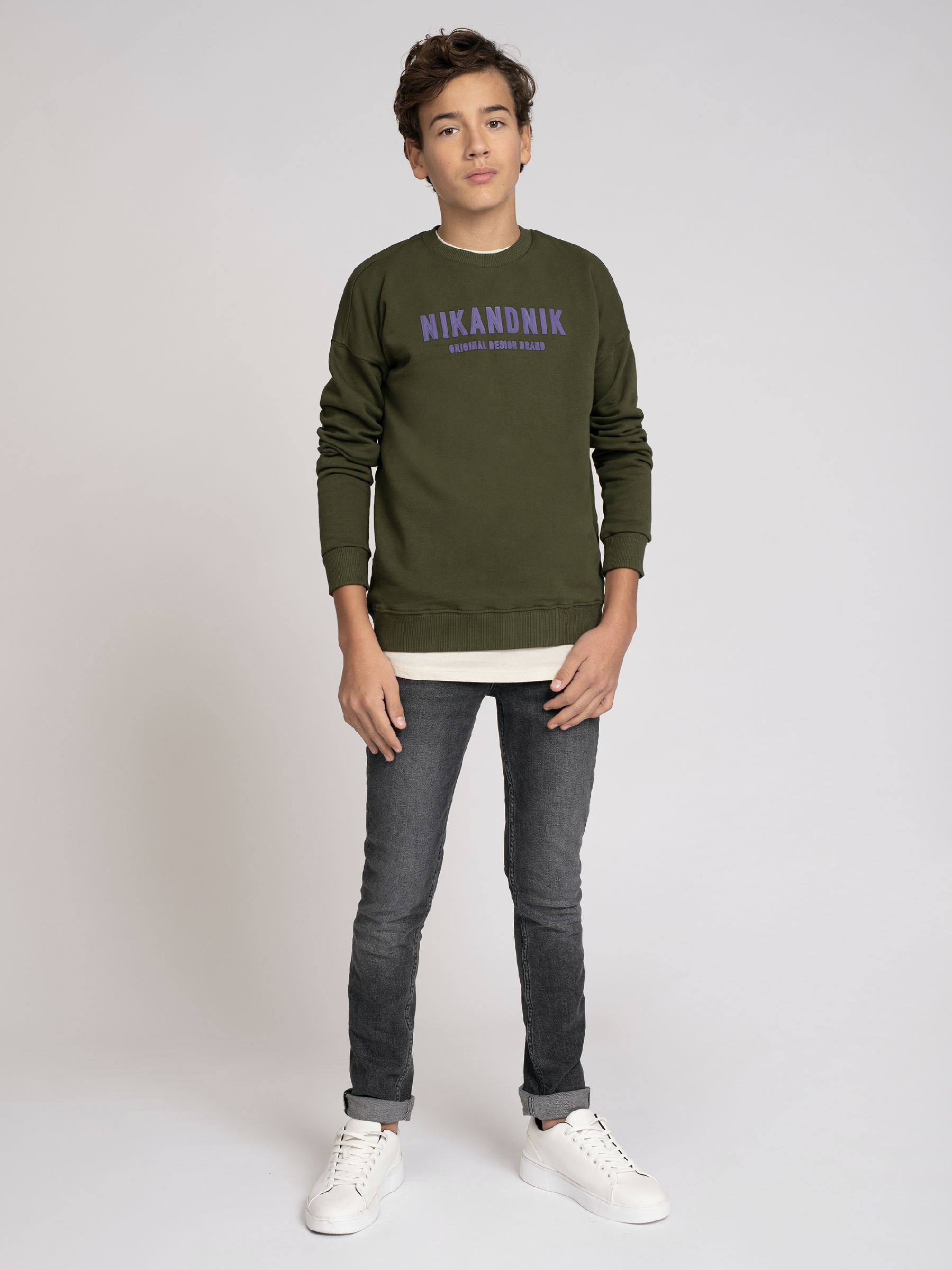 Jongens Milo Sweater van Nik & Nik in de kleur Dark Moss Green in maat 164.