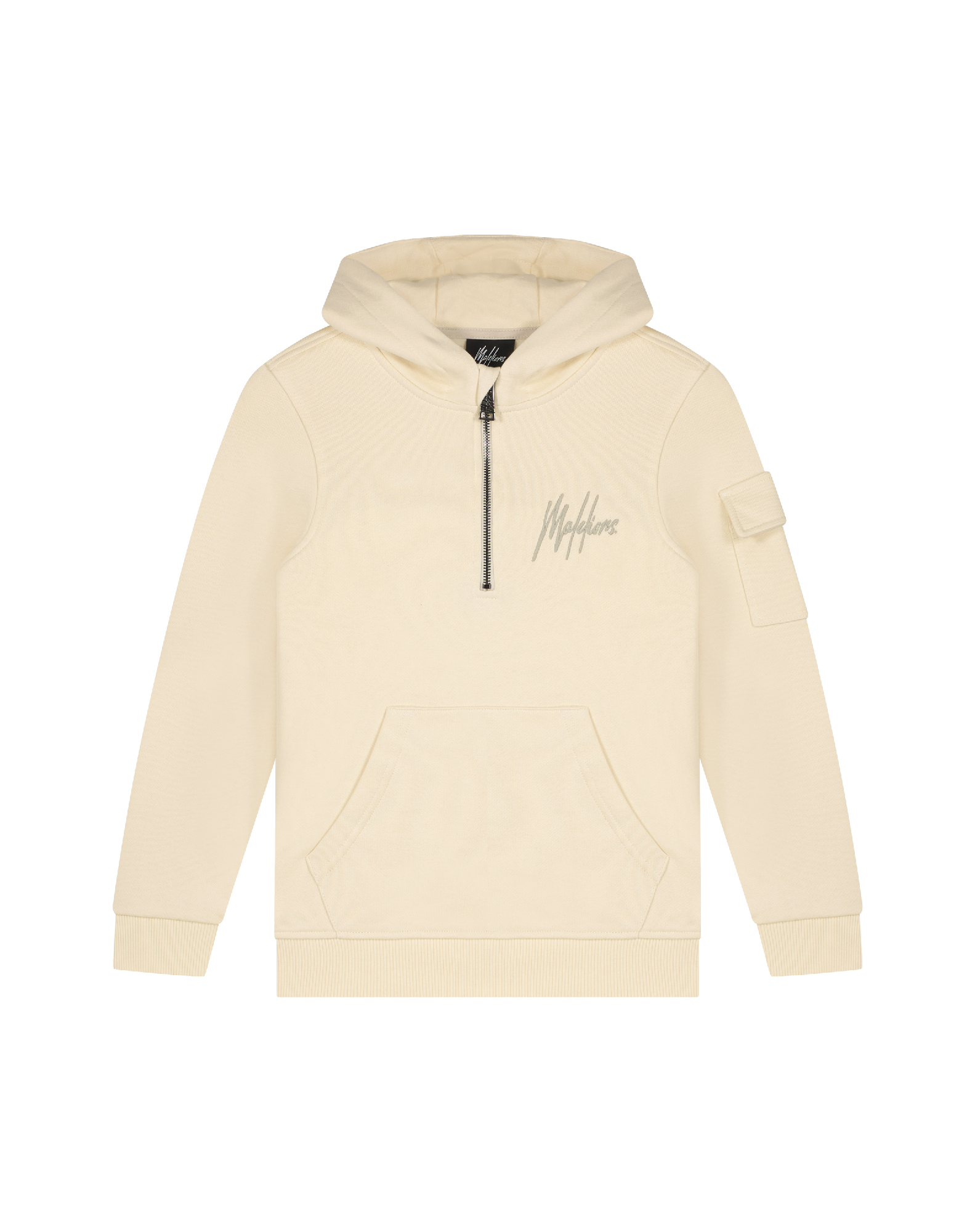 Jongens Junior Half-Zip Hoodie Beige/Taupe van Malelions in de kleur Beige/Taupe in maat 176.