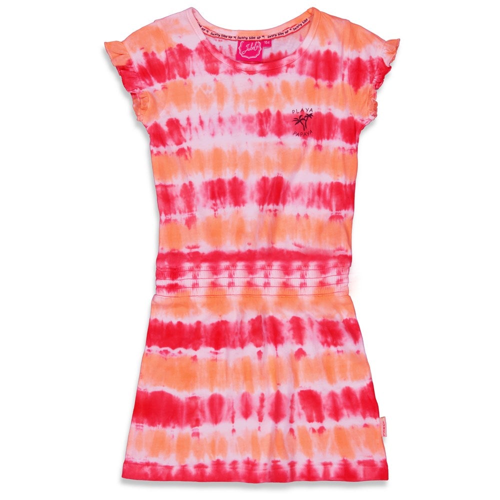 Meisjes Jurk AOP - Papaya Punch van Jubel in de kleur Rood in maat 140.