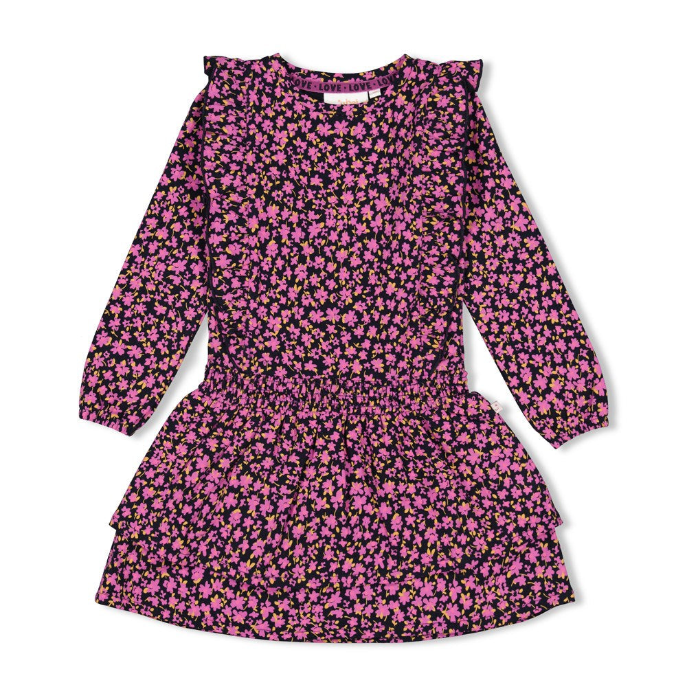 Meisjes Jurk ruches AOP - Flowers For Life van Jubel in de kleur Marine in maat 128.