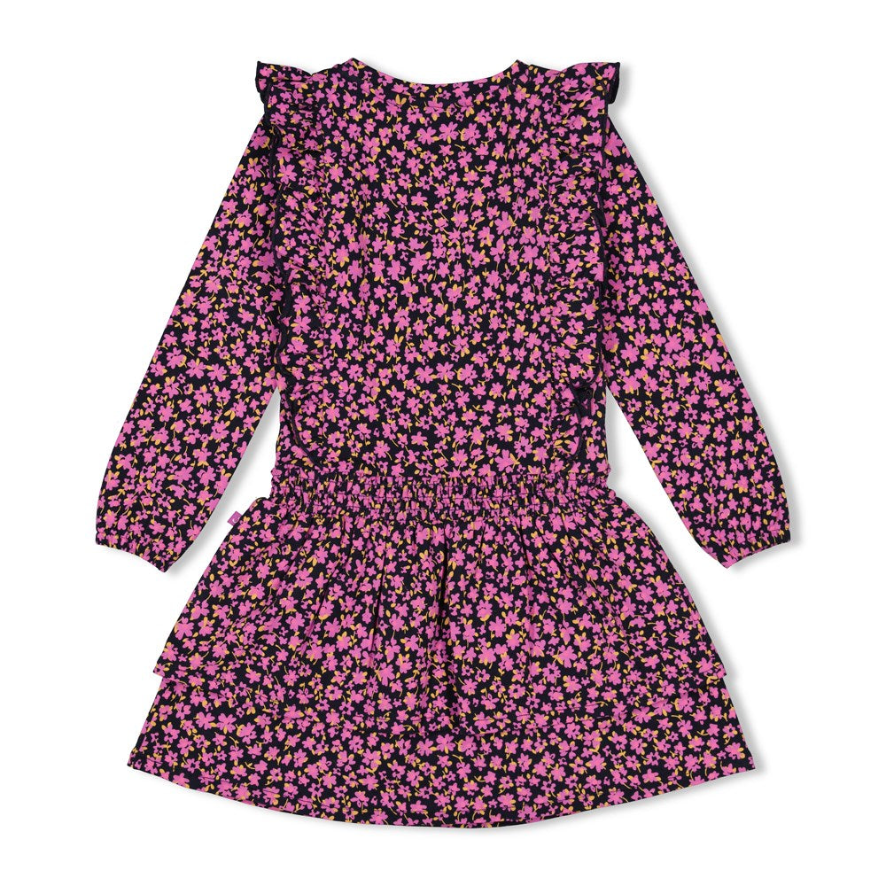 Meisjes Jurk ruches AOP - Flowers For Life van Jubel in de kleur Marine in maat 128.