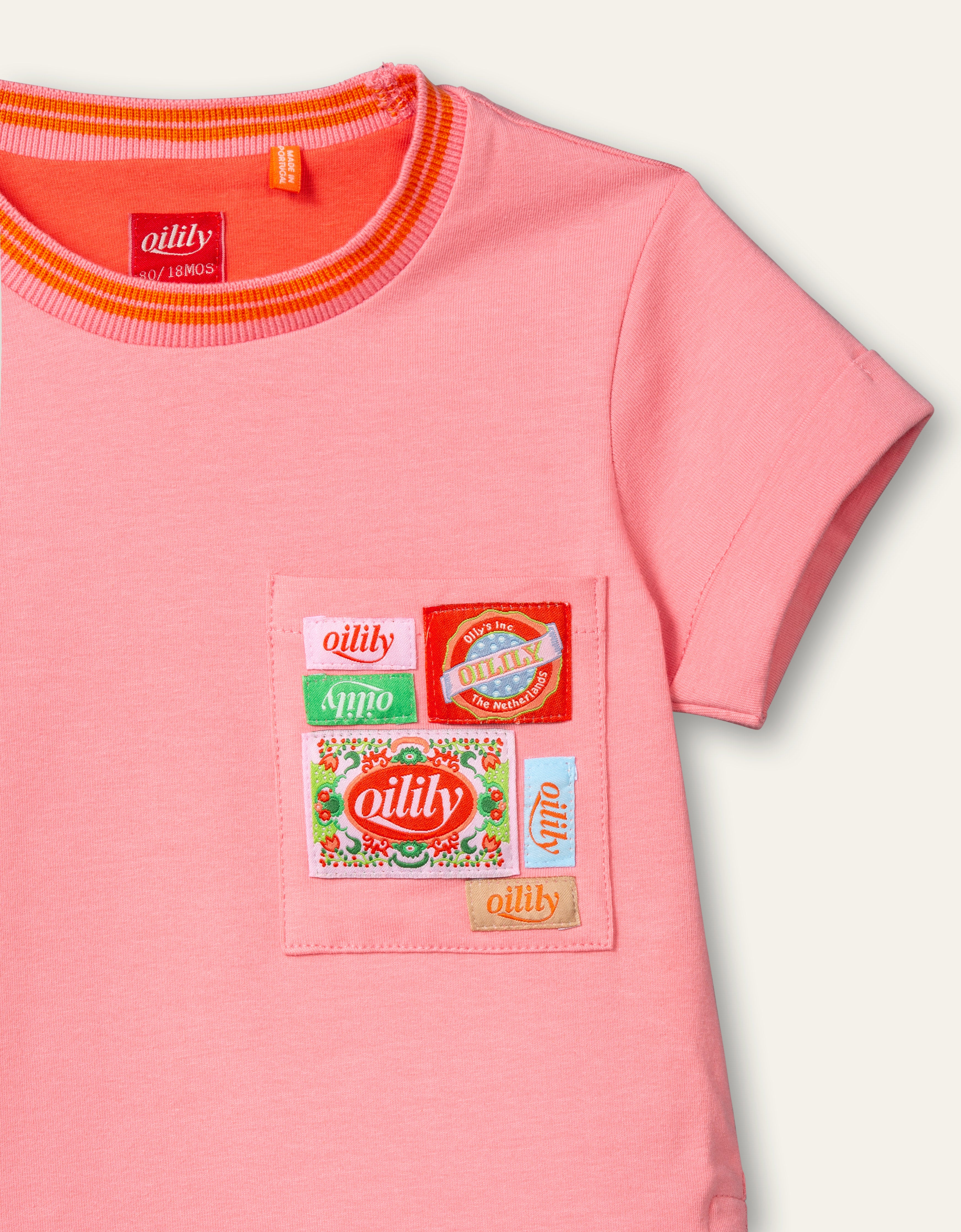Oilily Terrific T-shirt 32 geranium pink with woven labels pocket