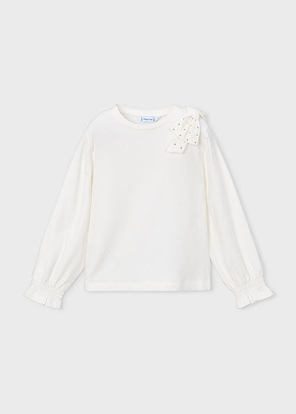 Meisjes L/s t-shirt strass bow        van Mayoral in de kleur Natural    in maat 128.