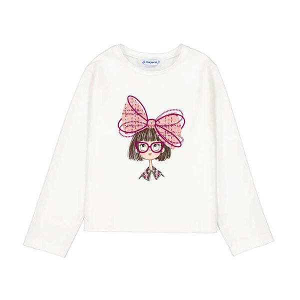 Meisjes L/s girl with bow van Mayoral in de kleur cream      in maat 128.