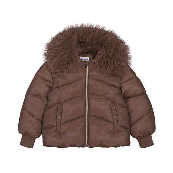 Meisjes Jacket with fur neck          van Mayoral in de kleur Chestnut   in maat 128.