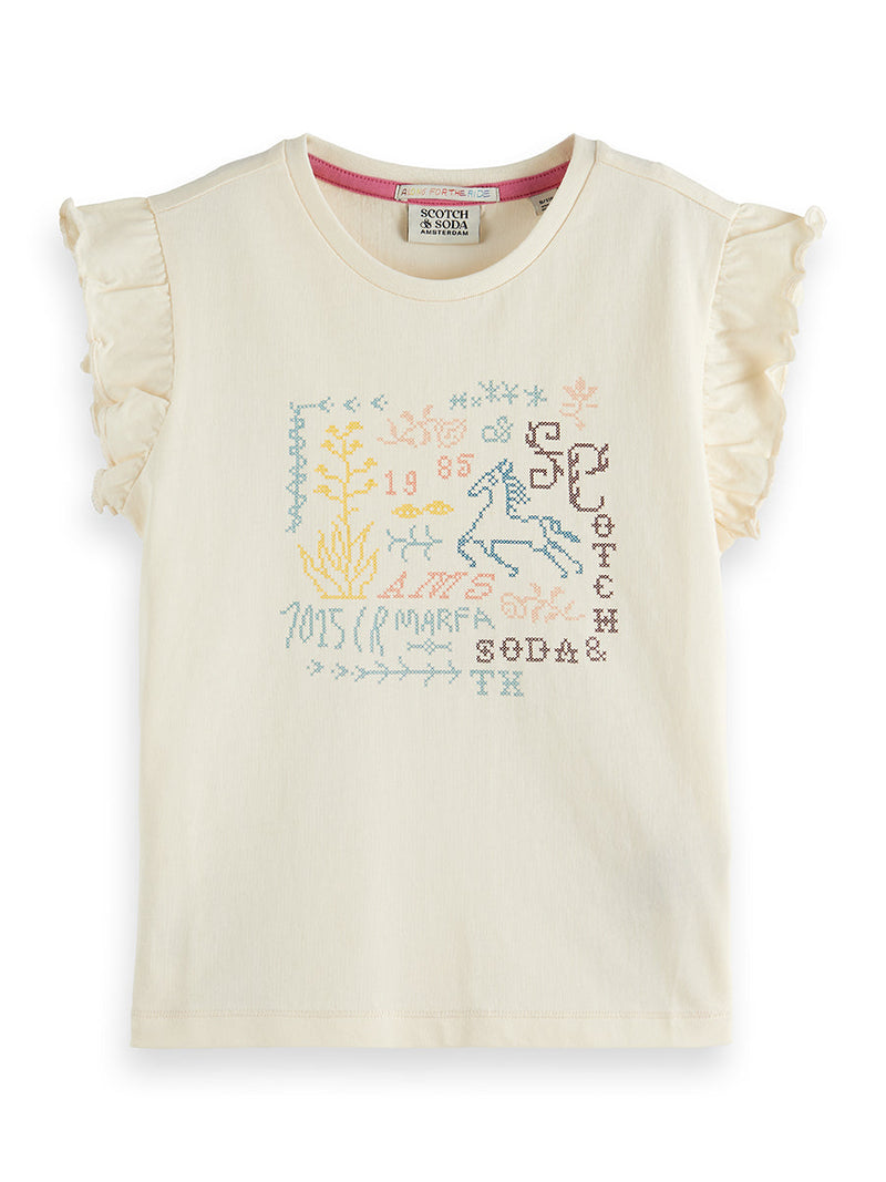 Meisjes FRONT ARTWORK RELAXEDFIT TSHIRT van Scotch & Soda in de kleur EGGNOG in maat 176.