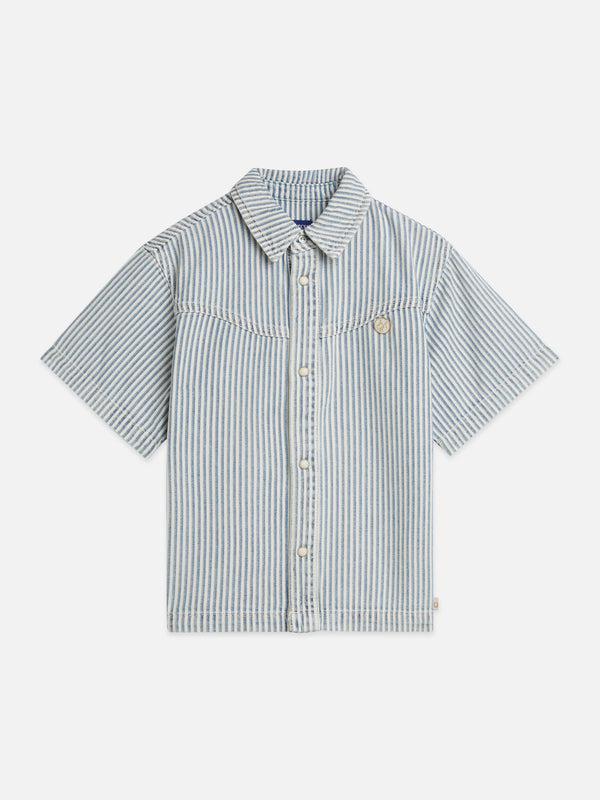 Meisjes SHORTSLEEVE DENIM SHIRT van Scotch & Soda in de kleur INDIGO STRIPE in maat 176.