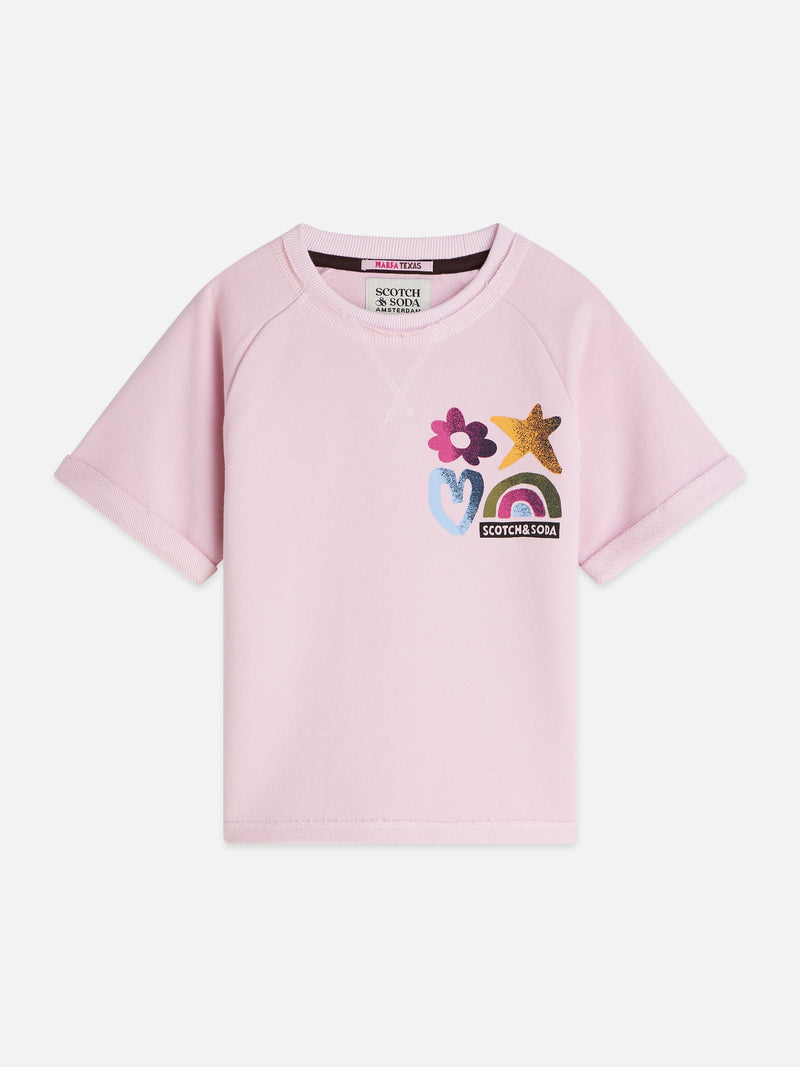 Meisjes FRONT AND BACK ARTWORK SHORTSLEEVE SWEATSHIRT van Scotch & Soda in de kleur LILAC SNOW in maat 176.