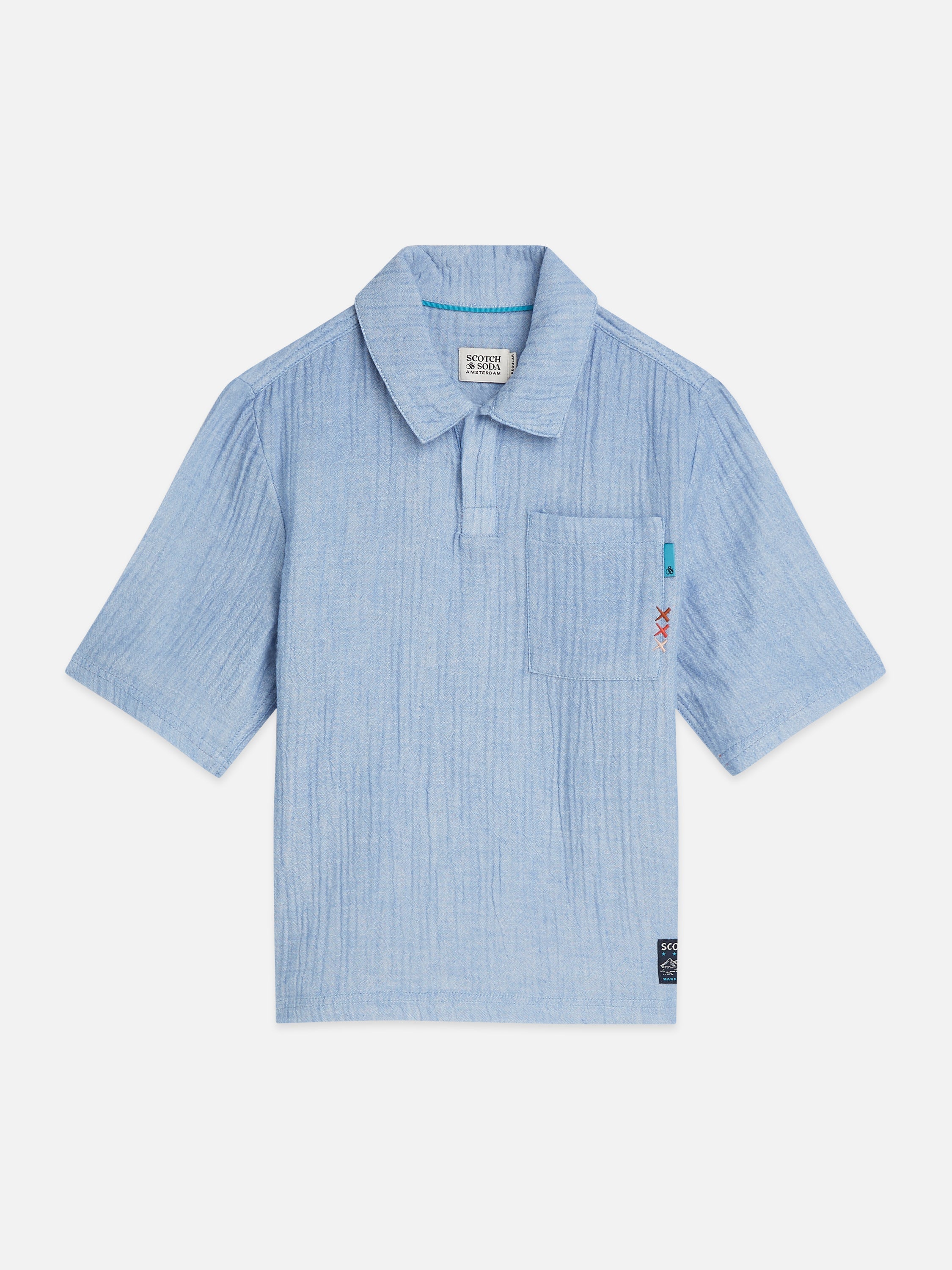 Jongens COTTON CHAMBRAY SHORTSLEEVE SHIRT van Scotch & Soda in de kleur CHAMBRAY BLUE in maat 176.