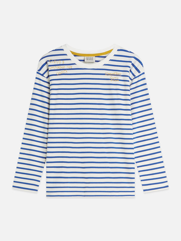 Jongens Yarndyed striped artwork relaxedfit longsleeved Tshirt van Scotch & Soda in de kleur STRONG BLUE STRIPE in maat 176.