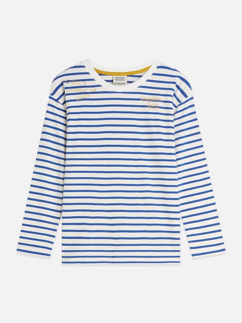 Jongens Yarndyed striped artwork relaxedfit longsleeved Tshirt van Scotch & Soda in de kleur STRONG BLUE STRIPE in maat 176.