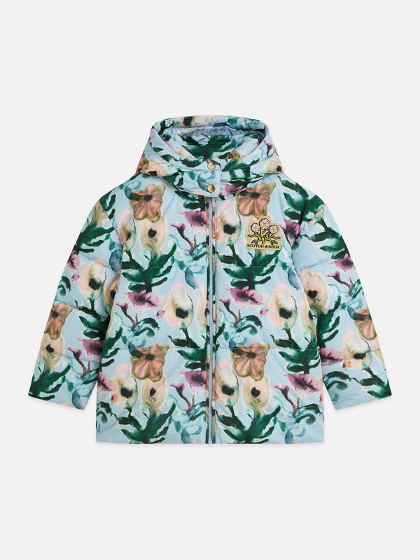 Meisjes Printed puffer jacket van Scotch & Soda in de kleur WATERCOLOUR FLOWER DUSTY BLUE in maat 176.