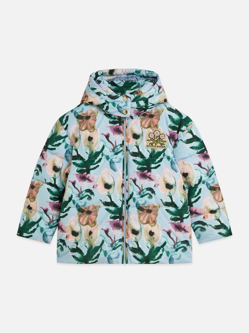 Meisjes Printed puffer jacket van Scotch & Soda in de kleur WATERCOLOUR FLOWER DUSTY BLUE in maat 176.