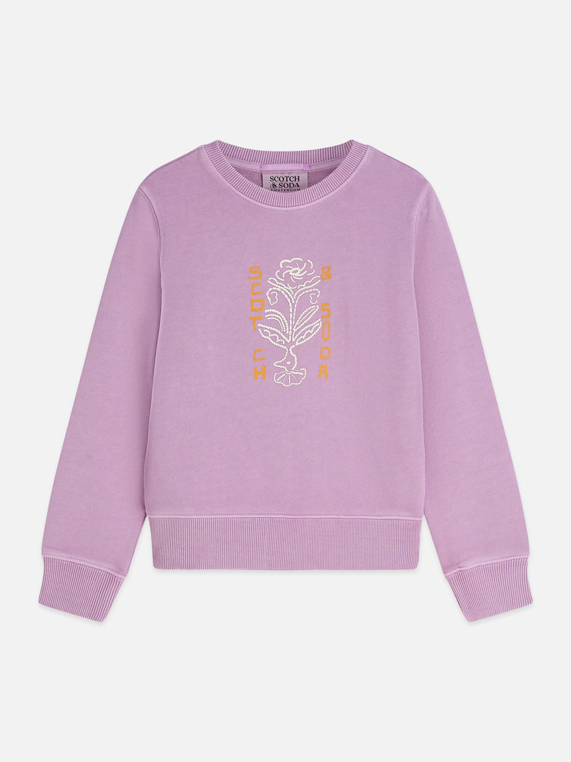 Meisjes Front artwork regularfit washed sweatshirt van Scotch & Soda in de kleur AFRICAN VIOLET in maat 176.