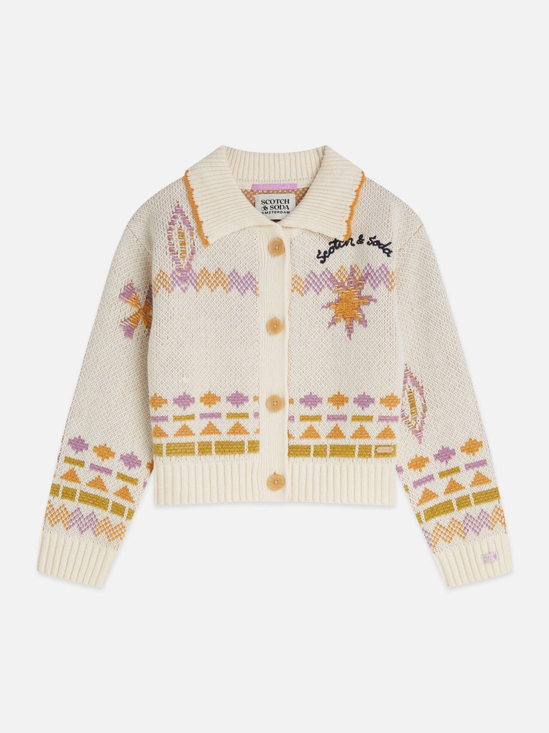 Meisjes Fairisle dropped shoulder cardigan van Scotch & Soda in de kleur EGGNOG / AFRICAN VIOLET MULTI COLOR in maat 176.