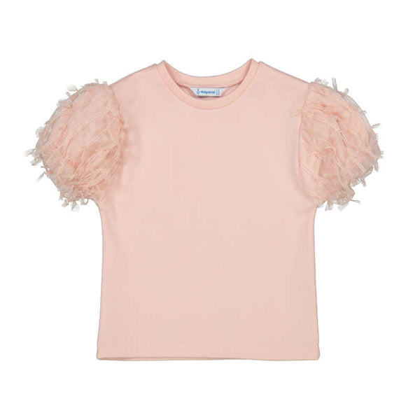 Meisjes S/sl tulle t shirt            van Mayoral in de kleur Blossom    in maat 128.