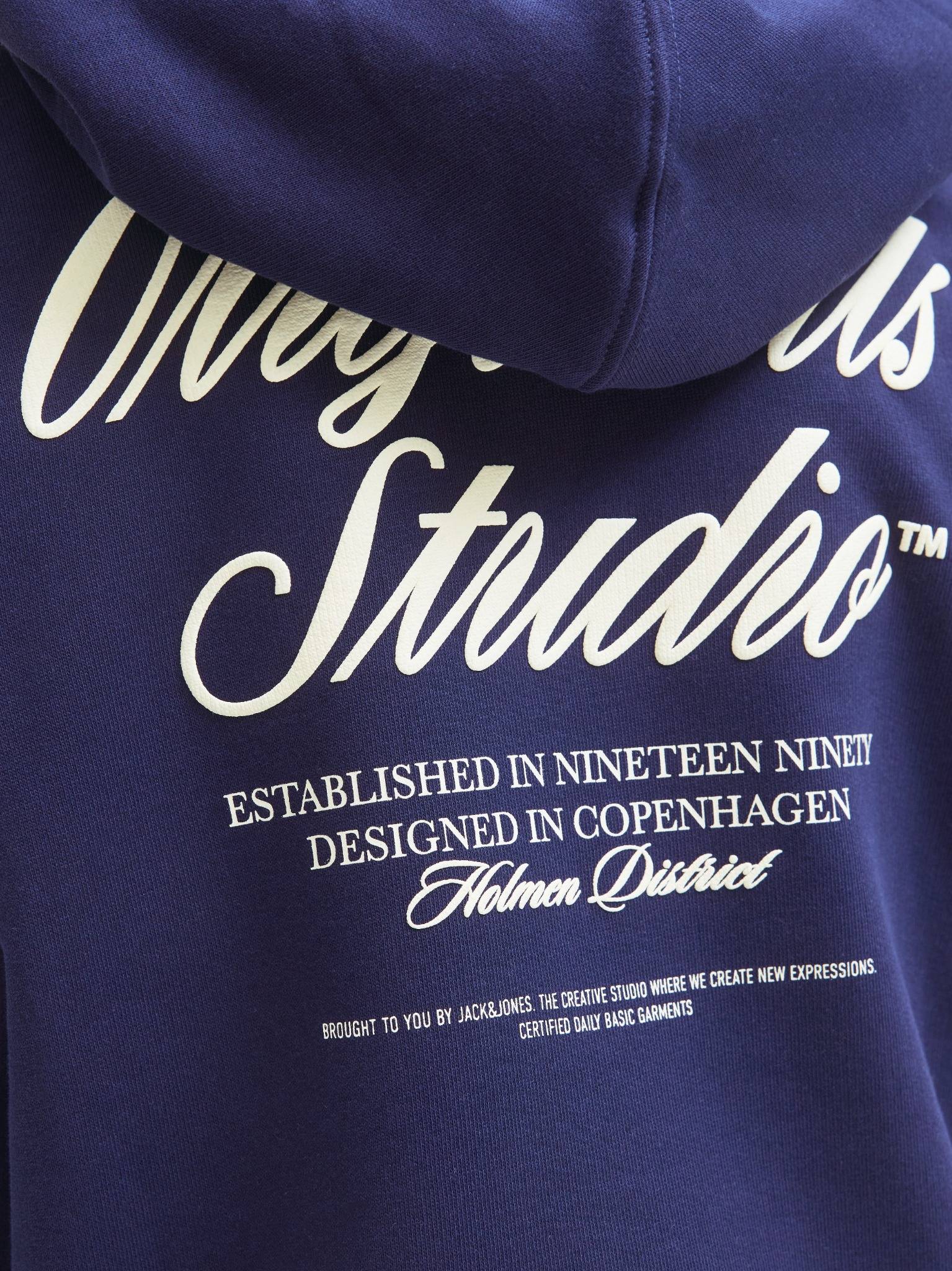 Jongens JORNORREBRO TYPO BACK SWEAT HOOD SN JNR van Jack & Jones Junior in de kleur Ocean Cavern in maat 176.