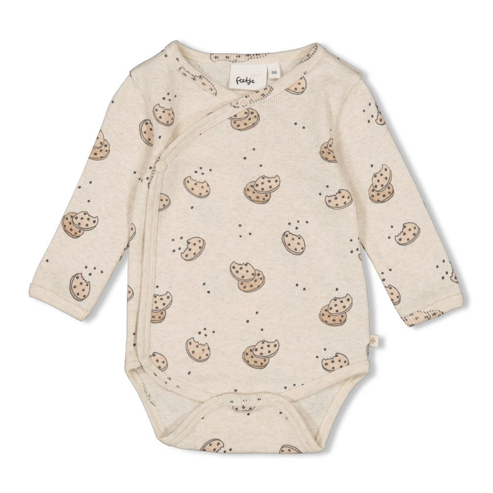 s Wikkelromper AOP rib - Cute Cookie van Feetje in de kleur Offwhite melange in maat 62.