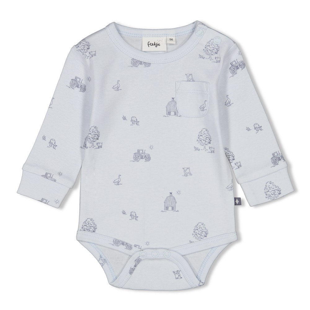 s Romper AOP rib - Farm Life van Feetje in de kleur Blauw in maat 62.