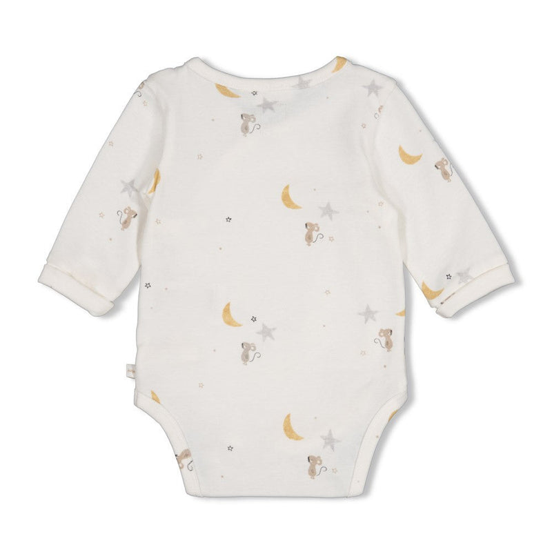Unisexs Wikkelromper AOP - Over the Moon for You van Feetje in de kleur Offwhite in maat 62.