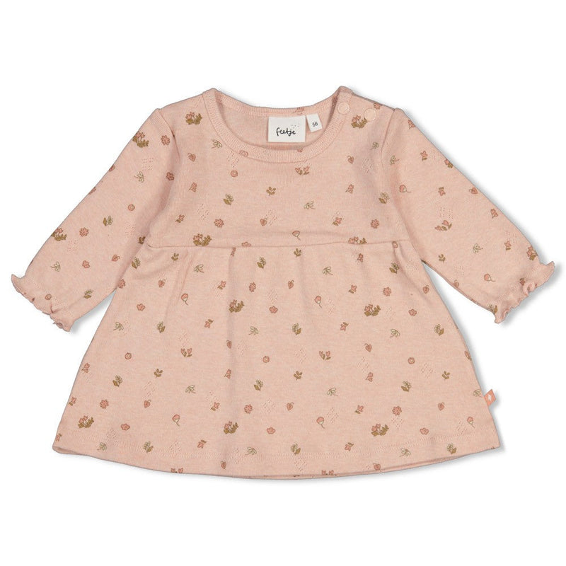 Meisjes Jurk pointelle rib AOP - Fall in Love van Feetje in de kleur Roze melange in maat 62.
