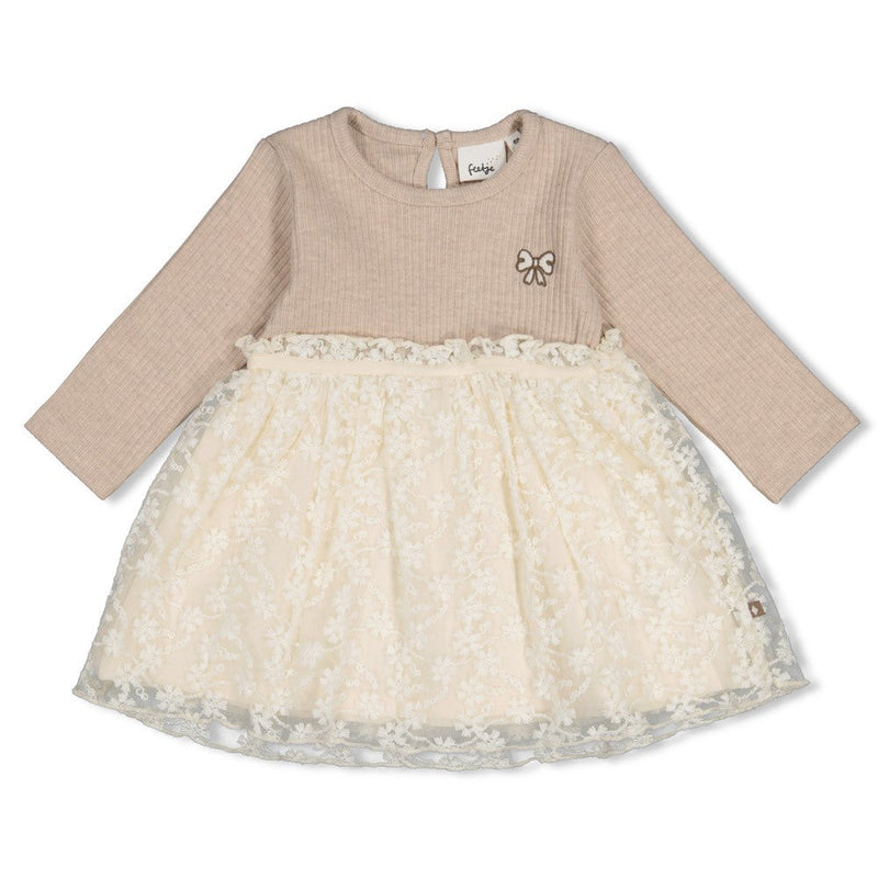 Meisjes Jurk met geborduurd tule - Dress to Impress van Feetje in de kleur Taupe melange in maat 92.