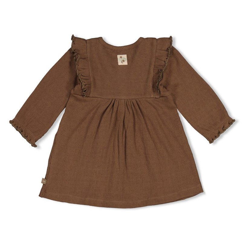 Meisjes Jurk pointelle rib AOP -  Lucky Bloombird van Feetje in de kleur Bruin in maat 92.