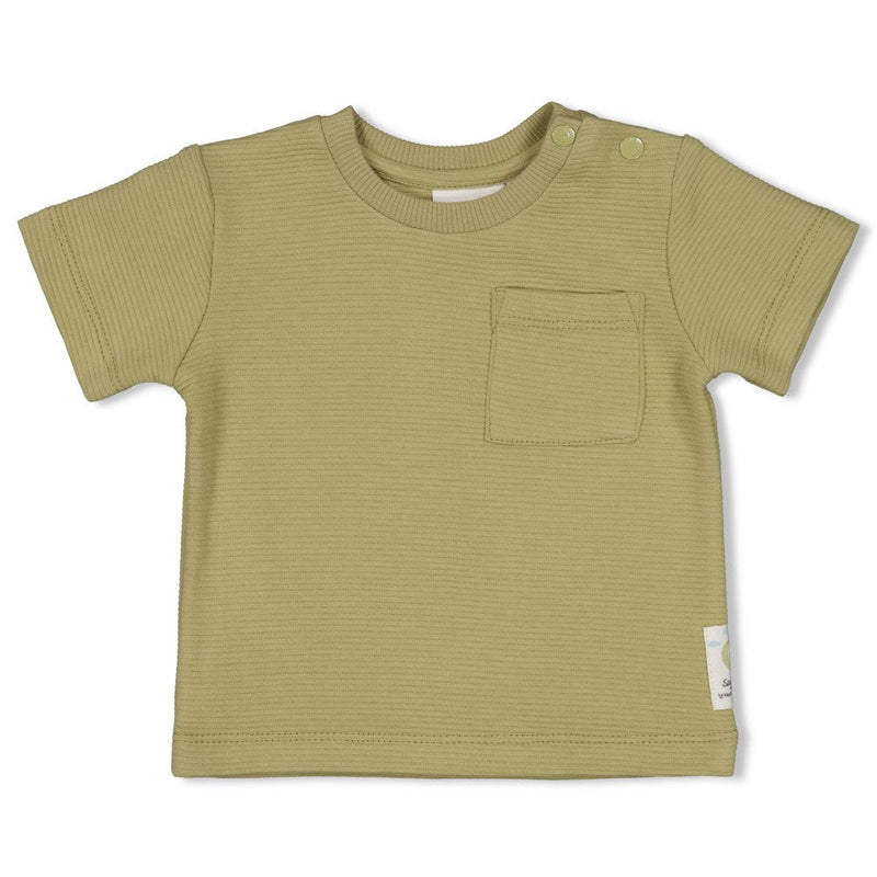 s T-shirt rib - Mini Adventurer van Feetje in de kleur Olijf in maat 86.