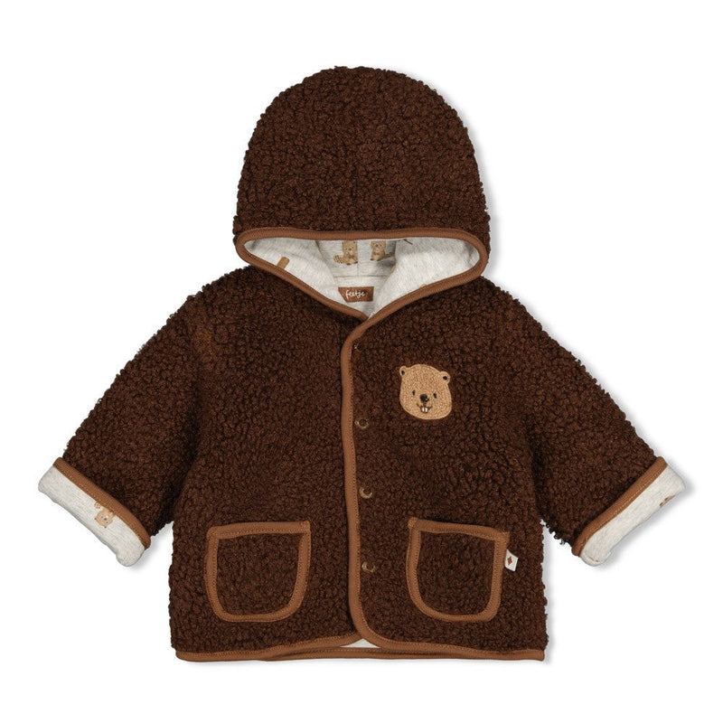 Jongens Omkeerbaar teddy jasje met capuchon - Tiny Timber Tales van Feetje in de kleur Bruin in maat 86.