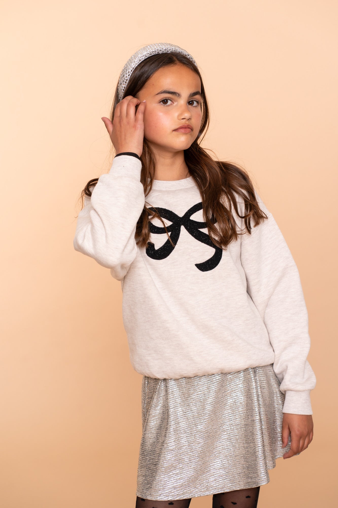 Meisjes Sweat bow van Geisha in de kleur Beige melange / black in maat 176.