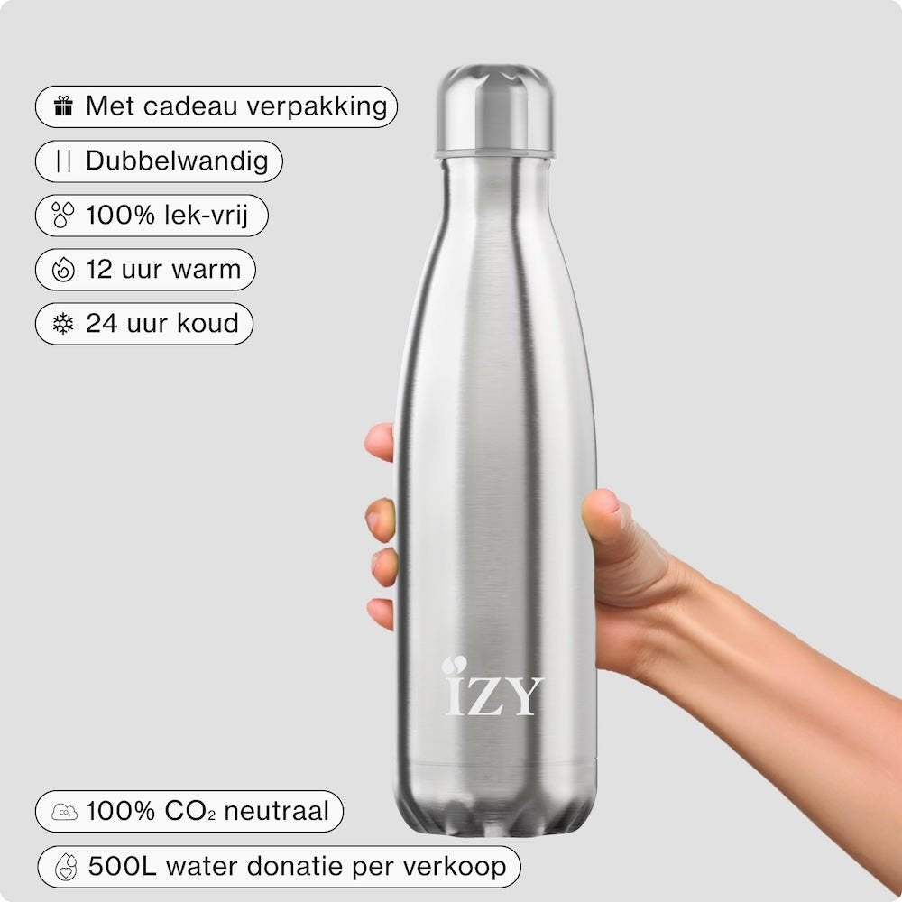 Izy Thermosfles - Zilver - 500 ml TO -Go -geïsoleerde waterflessen