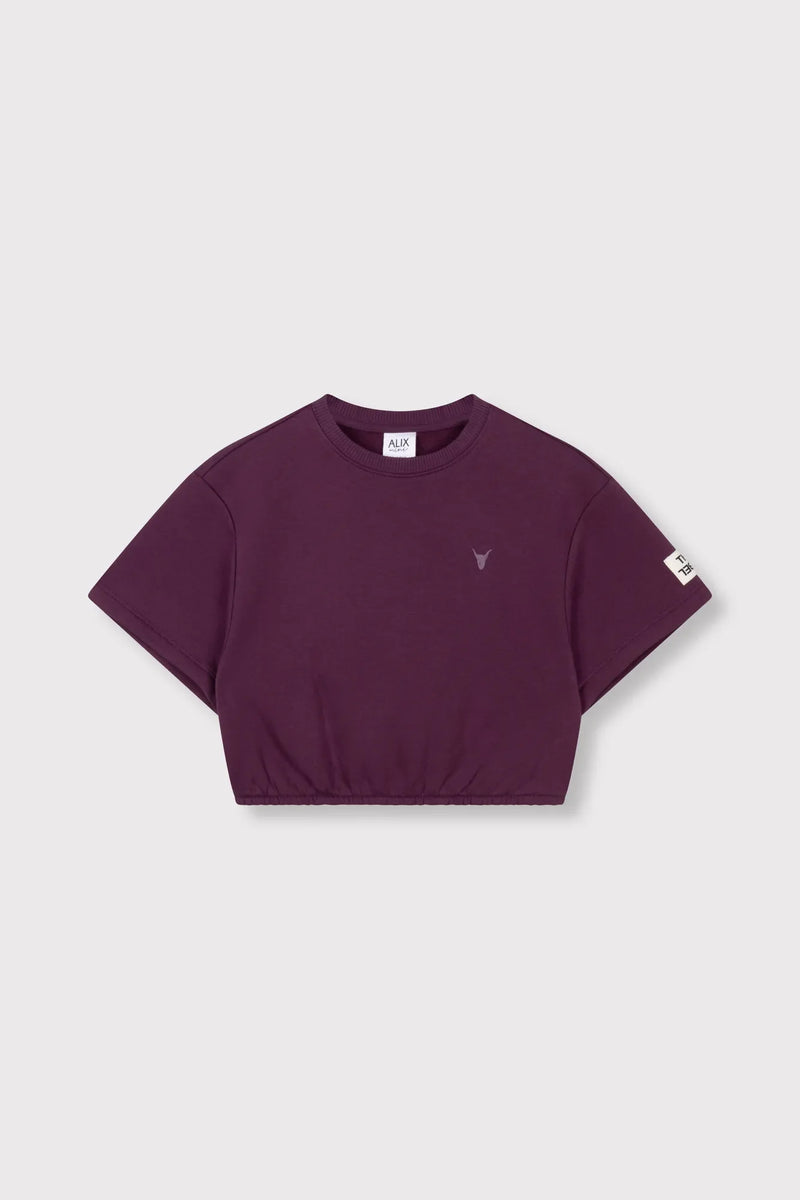 Meisjes Kids knitted cropped T-shirt van ALIX Mini in de kleur Aubergine in maat 158-164.
