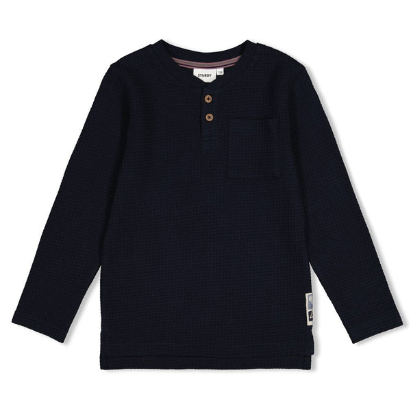 Jongens Longsleeve wafelstructuur - Rock the Earth van Sturdy in de kleur d.Blauw in maat 128.