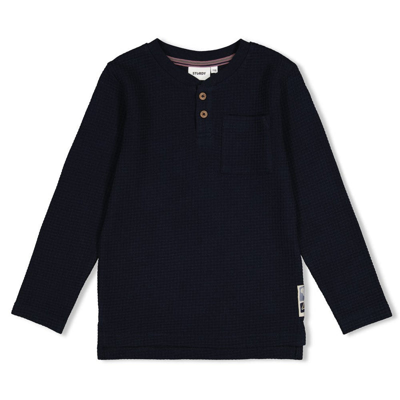 Jongens Longsleeve wafelstructuur - Rock the Earth van Sturdy in de kleur d.Blauw in maat 128.