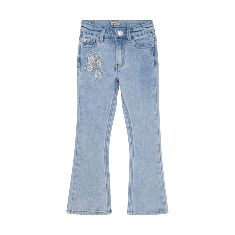 Meisjes 2400 Flared Embroderie Jeans van Daily7 in de kleur Medium Denim in maat 128.