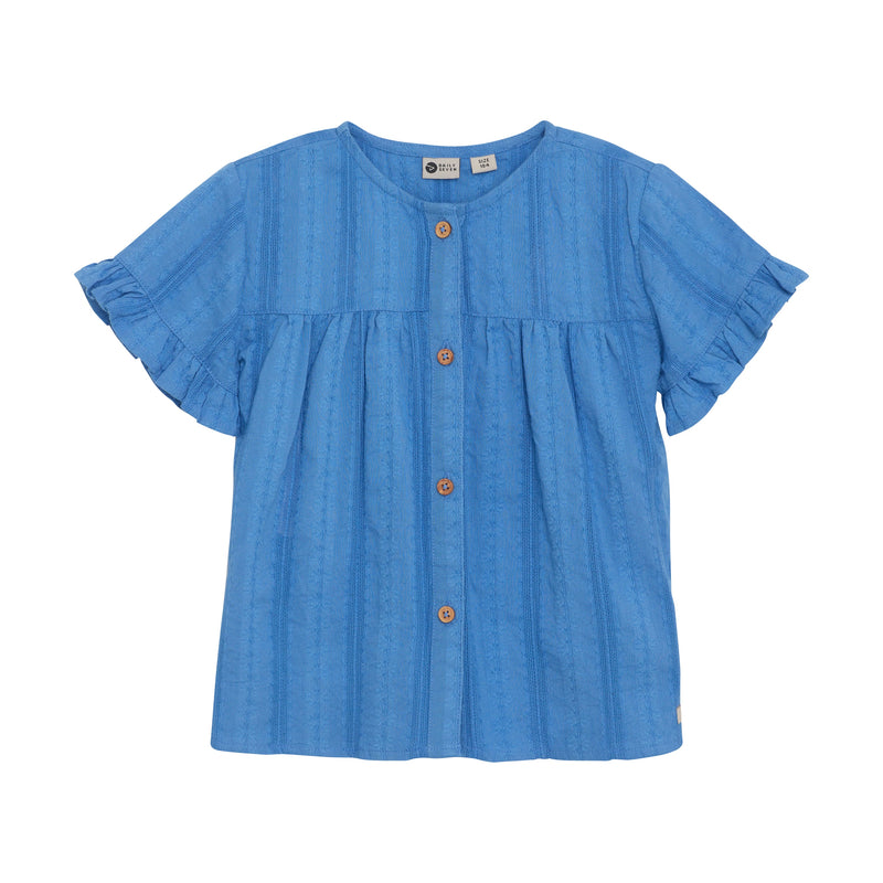 Meisjes Ruffle Shirt van Daily7 in de kleur Dusty Royal Blue in maat 128.