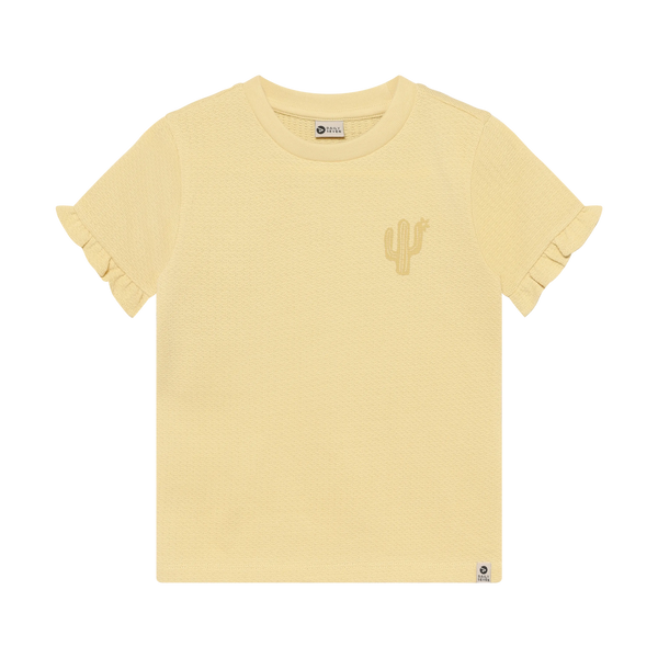 Meisjes T-shirt Ruffle Backprint van Daily7 in de kleur Reed Yellow in maat 128.