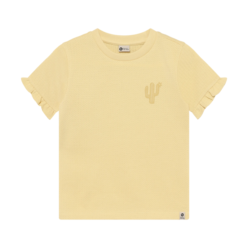 Meisjes T-shirt Ruffle Backprint van Daily7 in de kleur Reed Yellow in maat 128.