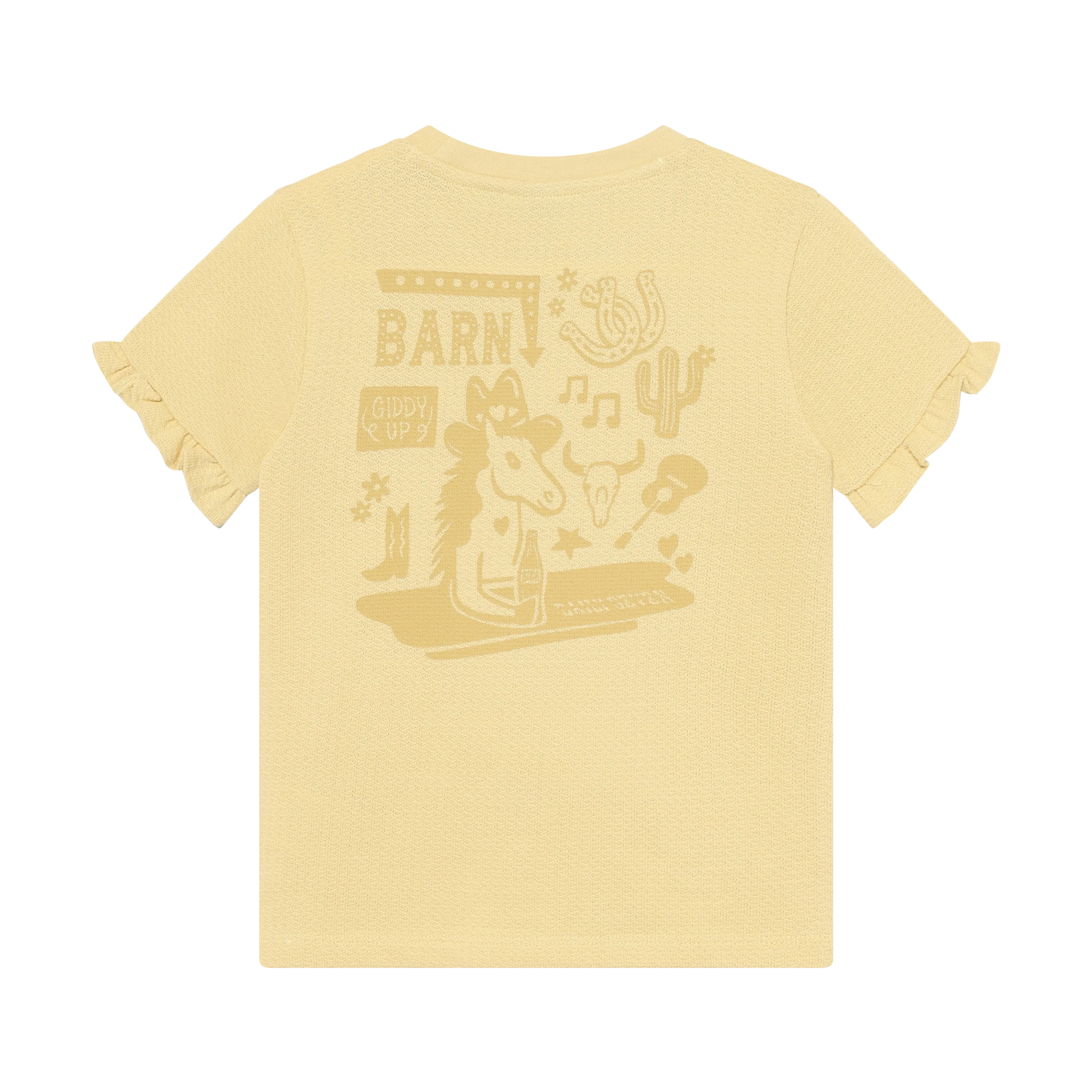 Meisjes T-shirt Ruffle Backprint van Daily7 in de kleur Reed Yellow in maat 128.